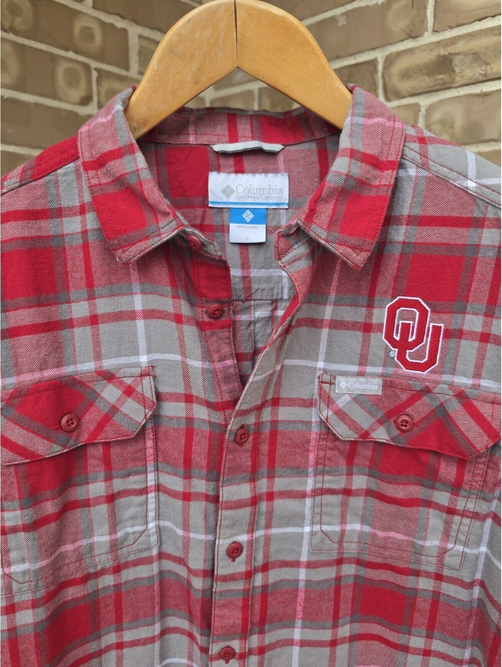 Oklahoma Sooners Columbia Flannel Shirt Men's L Red Gray Plaid OU Football